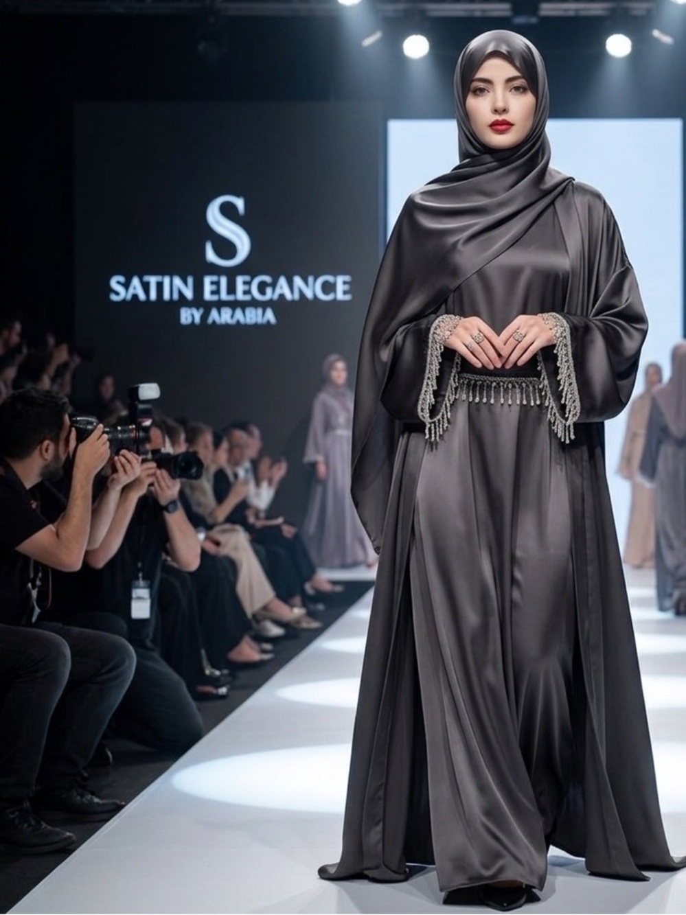 Black Satin Abaya with Beaded Fringe